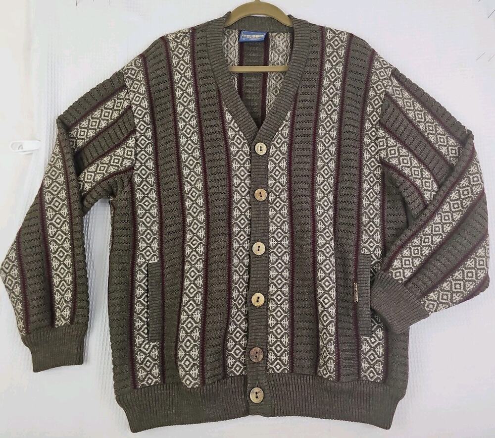 Geiger~Mens Size 52~Olive Green Multicolor Wool/Linen Cardigan Sweater Button-Up
